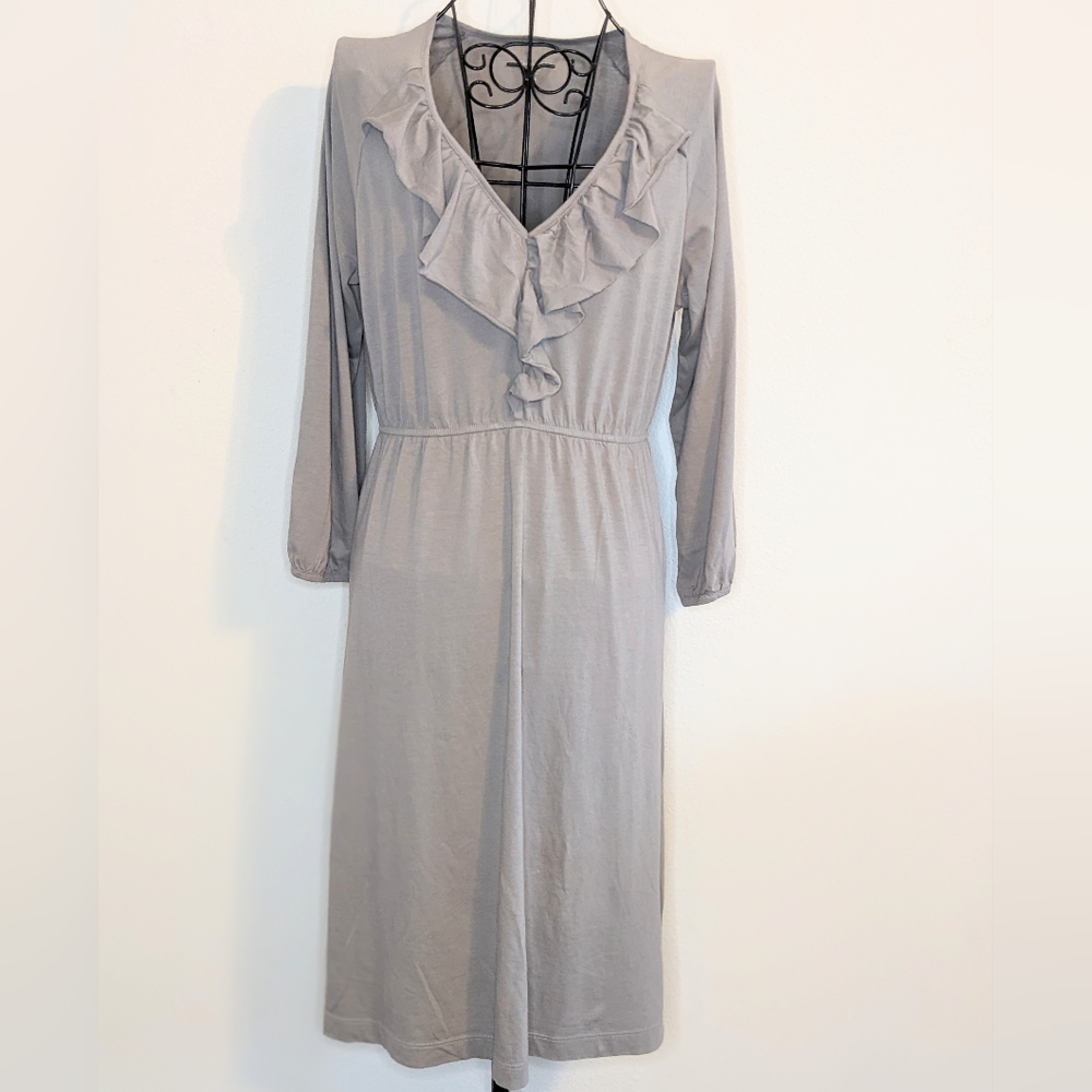 Garnet Hill Women's Gray Pullover Ruffles Neck Long Sleeve Sheath Dress Size S